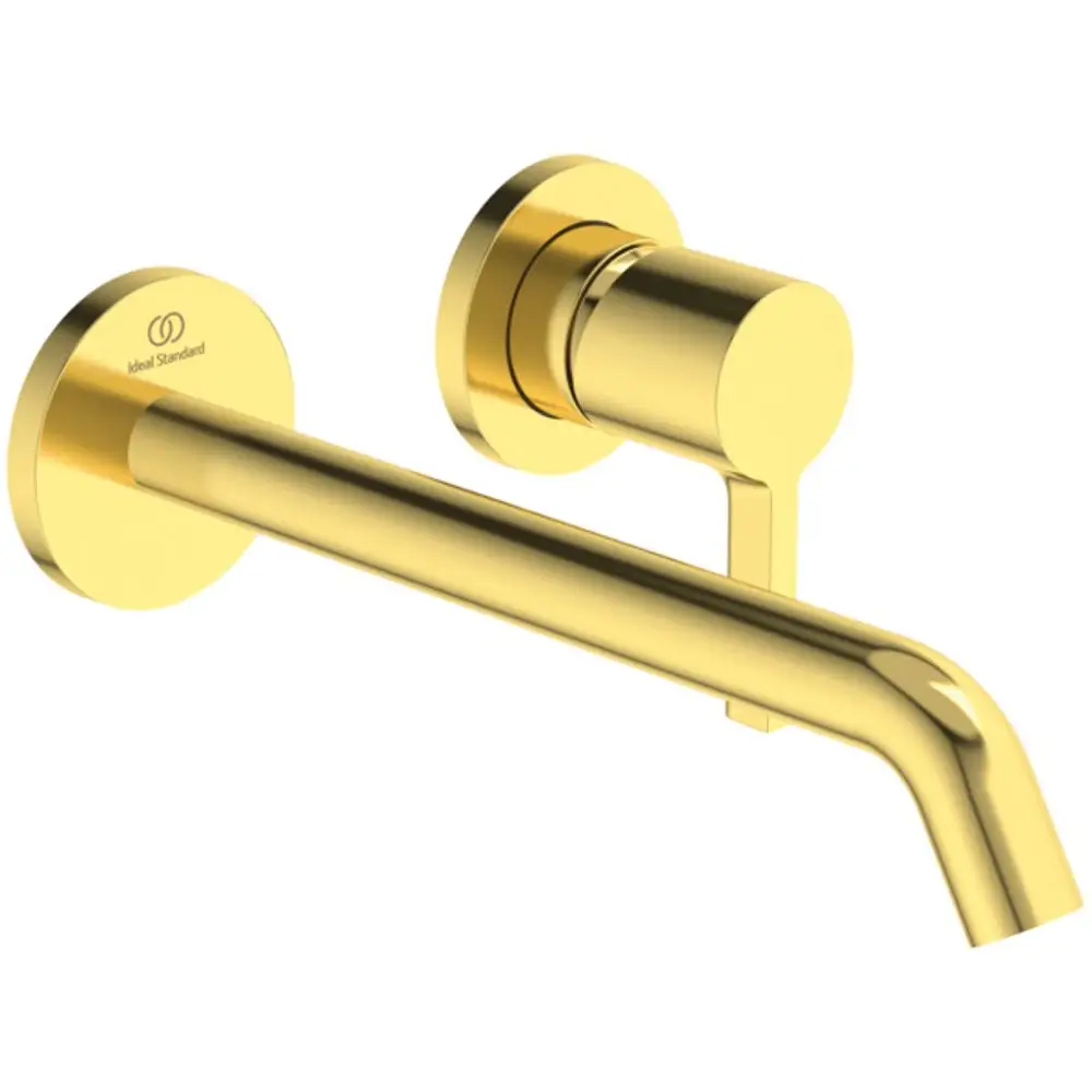 Wand-Waschtischarmatur aus glänzendem Gold von Ideal Standard mit runder Rosette und einem länglichen Auslauf.